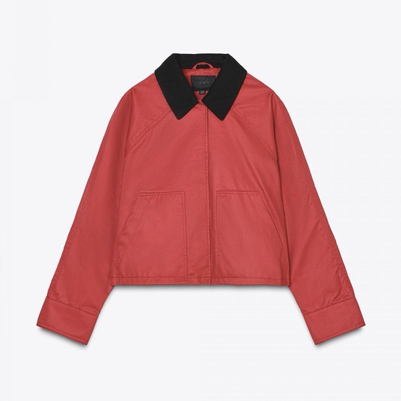 ZARA NWT Waxed Red Barn Jacket With Contrasting Black Collar in Sz XL - Picture 3 of 7